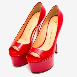 Authentic Red Giuseppe Zanotti Patent Leather Peep Toe Platform Pumps Size 40